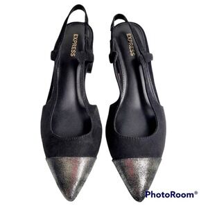 Express‎ Black Silver Cap Pointed Toe Sling Back Block Heels Women's Size 6
